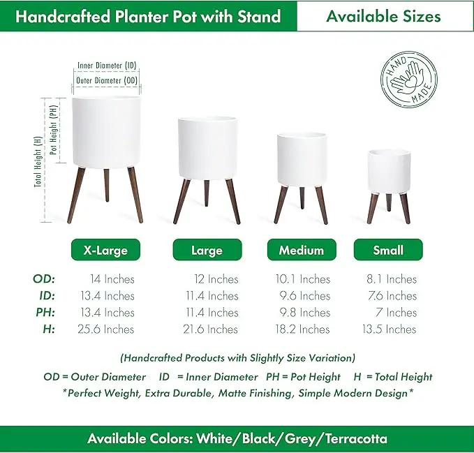 D'vine Dev 12 Inch Planter Pot with Stand, Mid-Century Tall Plant Pot with Legs for Indoor Plants, Large, White, 88-O-C-1 by GreenHaven Gardens