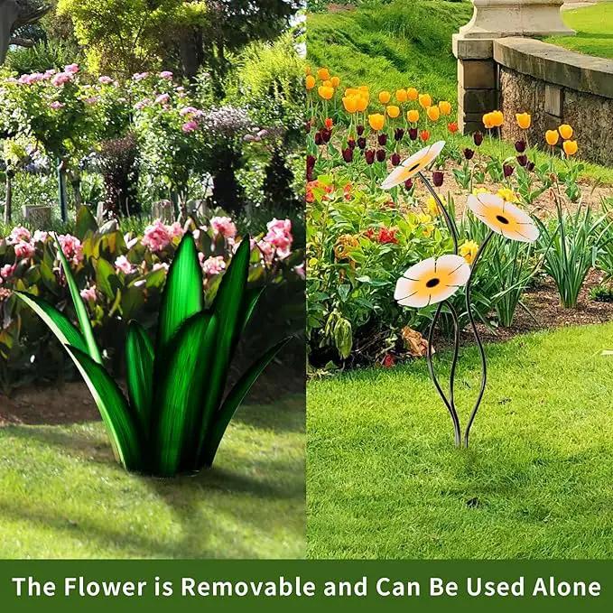 Upgraded Large Metal Yard Art, Agave Plant Yard Decorations Outdoor Sculpture, Flowers for Outside, Waterproof Outdoor Garden Decor (Blue + White Flower) by GreenHaven Gardens