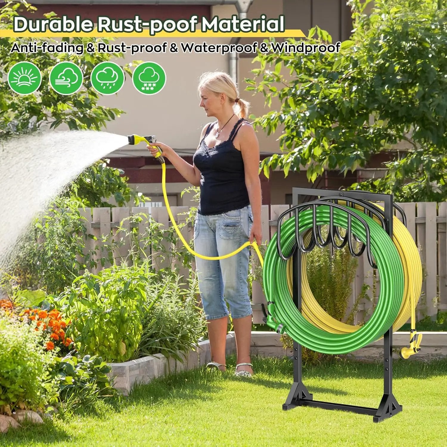 Garden Water Hose Holder Holds 2 * 150Ft Hoses, Heavy-Duty Metal Freestanding Hose Holder with 4 Spikes, Rustproof Garden Hose Reels Hose Hanger Storage for Outside, Yard, Lawn, Farm, Black by GreenHaven Gardens