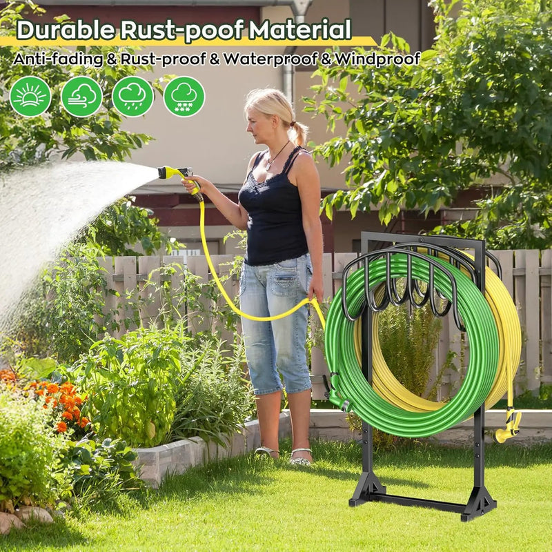 Garden Water Hose Holder Holds 2 * 150Ft Hoses, Heavy-Duty Metal Freestanding Hose Holder with 4 Spikes, Rustproof Garden Hose Reels Hose Hanger Storage for Outside, Yard, Lawn, Farm, Black by GreenHaven Gardens