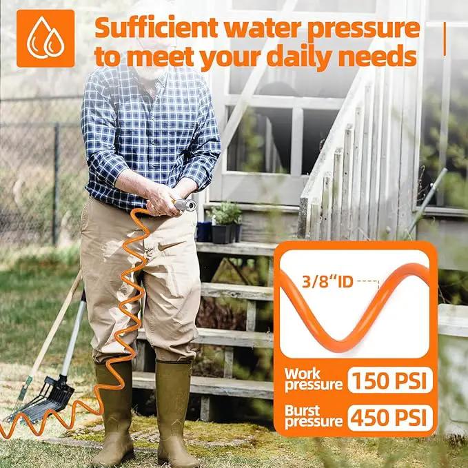 3/8” Lightweight Coil Garden Hose 100 FT, EVA Retractable Curly Water Pipe with 6-Pattern Spray Nozzle for Boat, Greenhouse, Yard, Patio (Orange) by GreenHaven Gardens