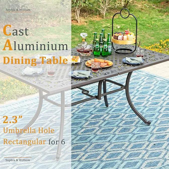 Sophia & William 7 Pieces Cast Aluminium Patio Dining Set for 6, Outdoor Swivel Rocking Chairs and Rectangular Table with 2.3" Umbrella Hole for Porch Backyard Deck, Bronze by GreenHaven Gardens