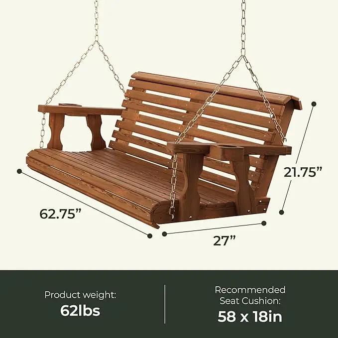 Amish Casual 6 Foot Roll Back Porch Swing with Cup Holders in Oak Stain - Amish Made in The USA from Treated Pine Heavy Duty 700 Lb. Weight Capacity by GreenHaven Gardens