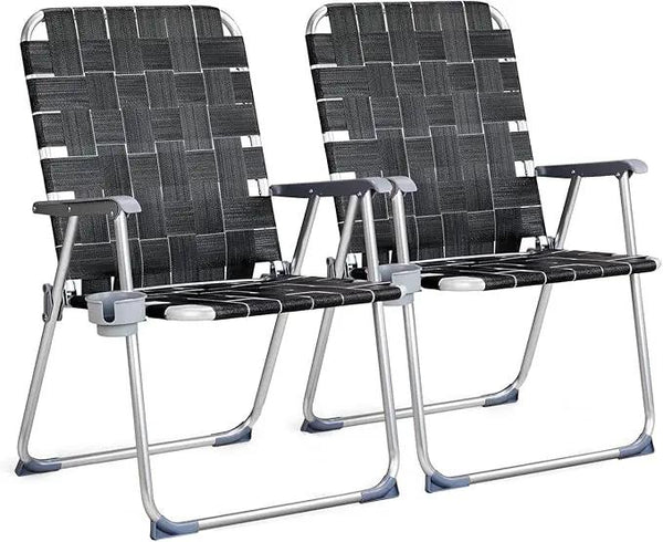 VINGLI Aluminum Oversize Patio Lawn Chairs Folding Set of 2 with Detachable Cup Holder, Webbed Beach Chair Folding Chair Outdoor Portable Camping Chair for Yard, Garden