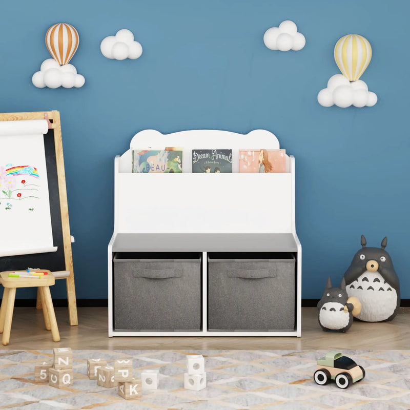 Bookshelf With Storage Bins, Bookcase With Book Display Shelf And 2 Bins, Cute Bear Shaped Backboard, Toy Organizer - White by Unique Piece Furniture