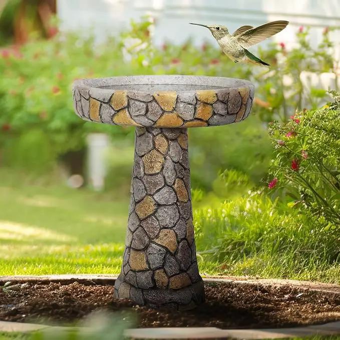 SKYFIRE Stone Like Outdoor Bird Bath - Concrete Freestanding Patio Birdbath with Pedestal for Garden, Patio, Yard, Lawn - 18.8”L X 18.8”W X 24”H Rustic Faux Stone Pedestal Outdoor Garden Birdbaths by GreenHaven Gardens