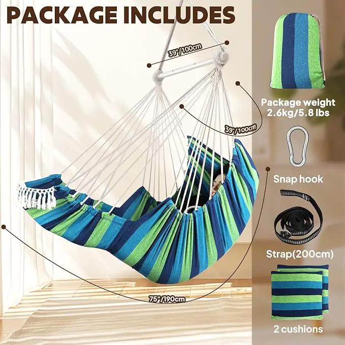 Chihee Hammock Chair Hanging Chair with Foot Rest 2 Cushions Max 500lbs Robust Metal Spreader Bar Collapsible Easy Storage Soft Cotton Swing Chair Strong Strap Iron Carabiner Side Pocket Included by GreenHaven Gardens
