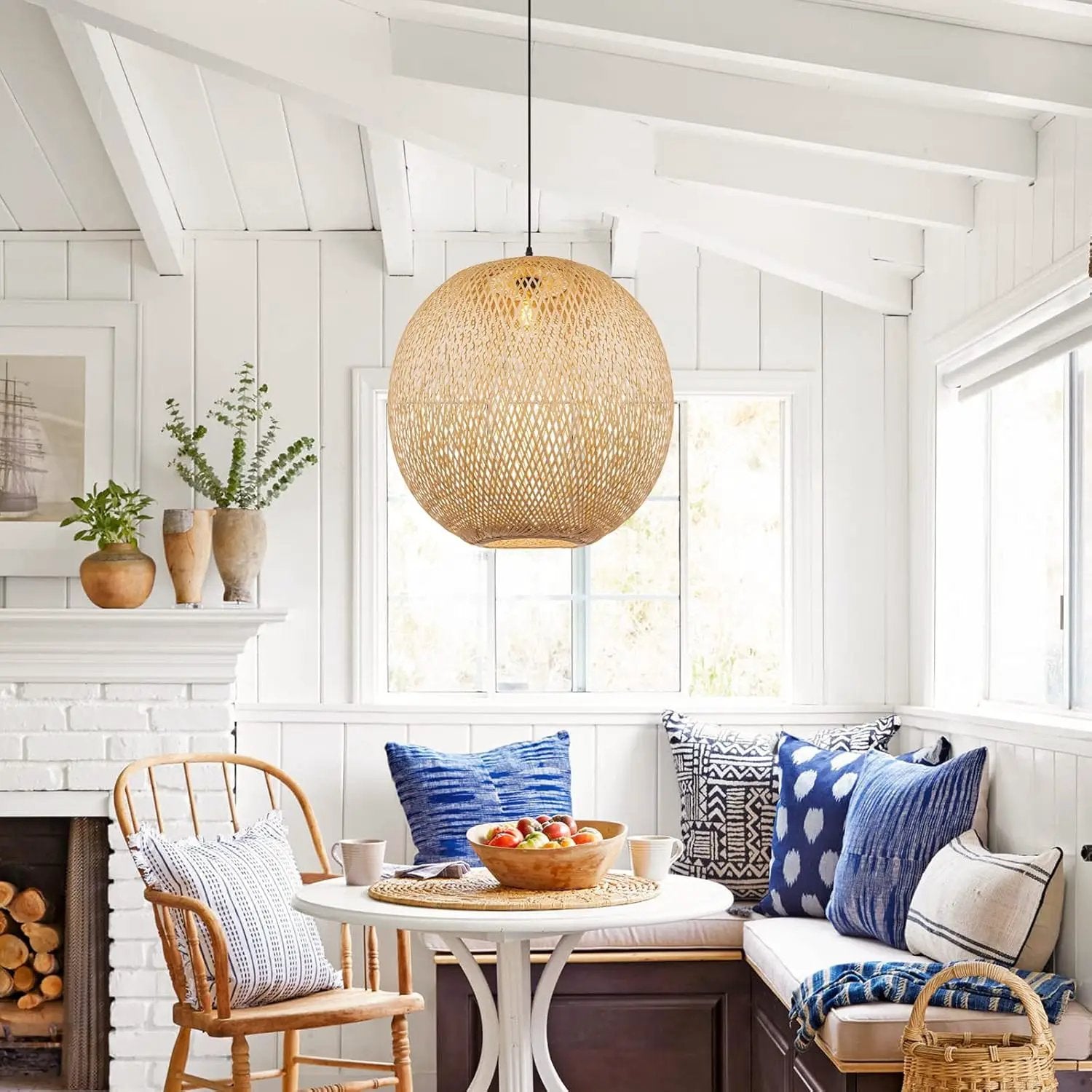Arturesthome Natural Bamboo Pendant Lamp, Round Hanging Ceiling Light Wicker Chandelier, Hand-Woven Boho Basket Lampshade for Kitchen Island Living Room by GreenHaven Gardens
