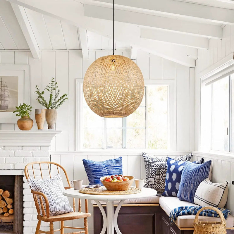 Arturesthome Natural Bamboo Pendant Lamp, Round Hanging Ceiling Light Wicker Chandelier, Hand-Woven Boho Basket Lampshade for Kitchen Island Living Room by GreenHaven Gardens