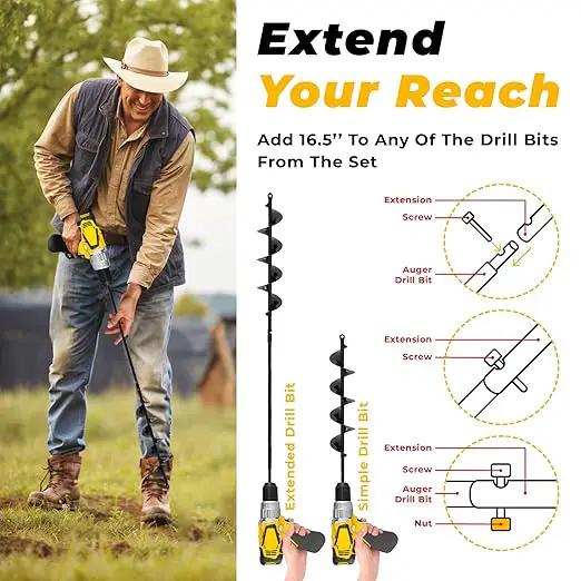Auger Drill Bit for Planting 2x32'' - with Extension - Spiral Hole Planter for Bulbs, Fence Posts, and Umbrella Holes - 3/8'' Hex Drive Drill- Gardening Hole Digger Yard Tools by GreenHaven Gardens