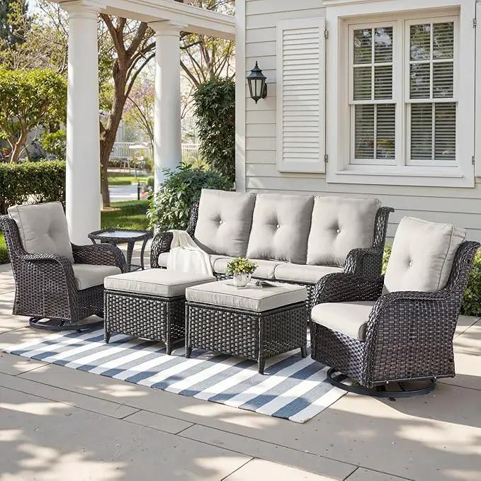 Outdoor Wicker Patio Furniture Set - 6 Piece Rattan Patio Conversation Set with 2 Rocking Swivel Chairs,2 Ottomans,1 Sofa and 1 Side Table for Porch Deck Backyard Garden(Brown/Beige) by GreenHaven Gardens