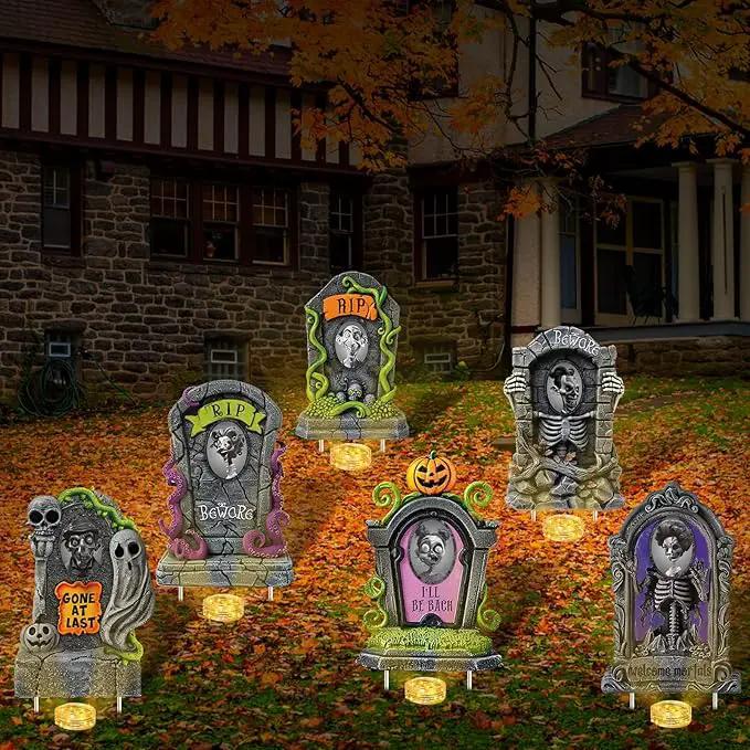 Hiboom 6 Set Large Halloween 3D Changing Face Rip Graveyard Tombstones and 23.6x15.7 Inch Halloween Skeleton Headstone 6 Pcs LED String Lights Halloween Decoration for Yard Garden Lawn by GreenHaven Gardens
