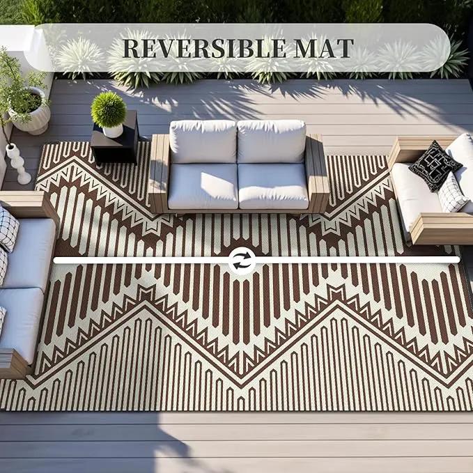 MontVoo Outdoor Rug-Waterproof Patio Rug Mat 5x8 Outdoor Carpet Mat Reversible Plastic Straw Outside Outdoor Rug for RV Camping Picnic Balcony Backyard Pool Deck Porch Modern Boho Beige Brown by GreenHaven Gardens