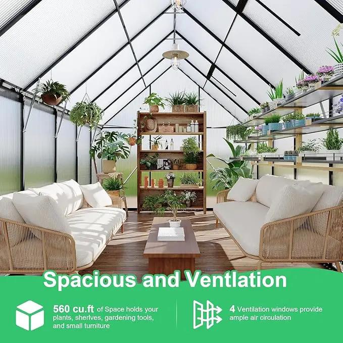 Greenhouse 6x9 FT Aluminum-Framed Heavy Duty Polycarbonate with Quick Setup Structure and Roof Vent Large Enhanced Outdoors Green House Kit by GreenHaven Gardens