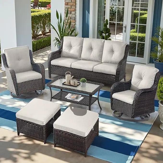 Outdoor Wicker Patio Furniture Set - 6 Piece Rattan Patio Conversation Set with 2 Rocking Swivel Chairs,2 Ottomans,1 Sofa and 1 Coffee Table for Porch Deck Backyard Garden(Brown/Beige) by GreenHaven Gardens