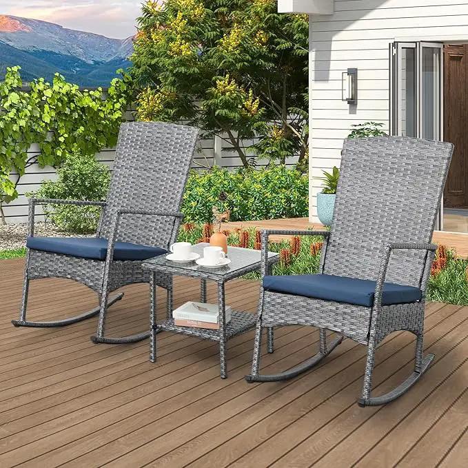 Rocking Chair Outdoor 3 Pieces High-Backed Patio Rocking Chairs Bistro Table and Chairs Set of 2, Navy Blue by GreenHaven Gardens