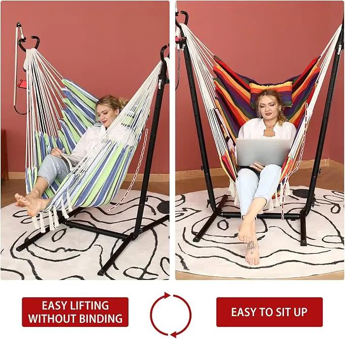 ZEYU Hammock Chair with Stand Double Hammock Chair Bohemian Style with Tassel Mobile Phone Support Manual Adjustable Swing Indoor and Outdoor Garden Porch with Floor mat Reclining Capacity 400 pounds by GreenHaven Gardens