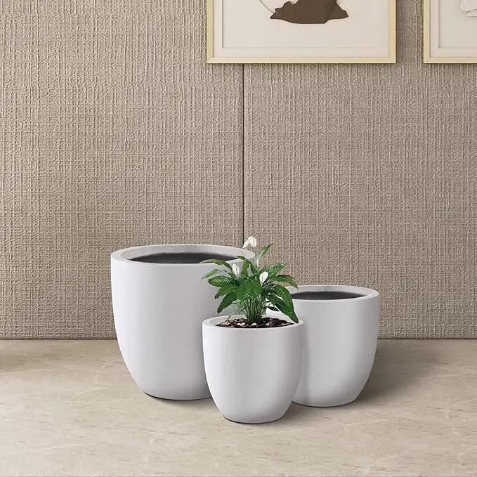 Kante 18",14",10" Dia Concrete Round Planters (Set of 3), Outdoor Indoor Large Planter Pots with Drainage Hole and Rubber Plug for Home Patio Garden, Pure White by GreenHaven Gardens
