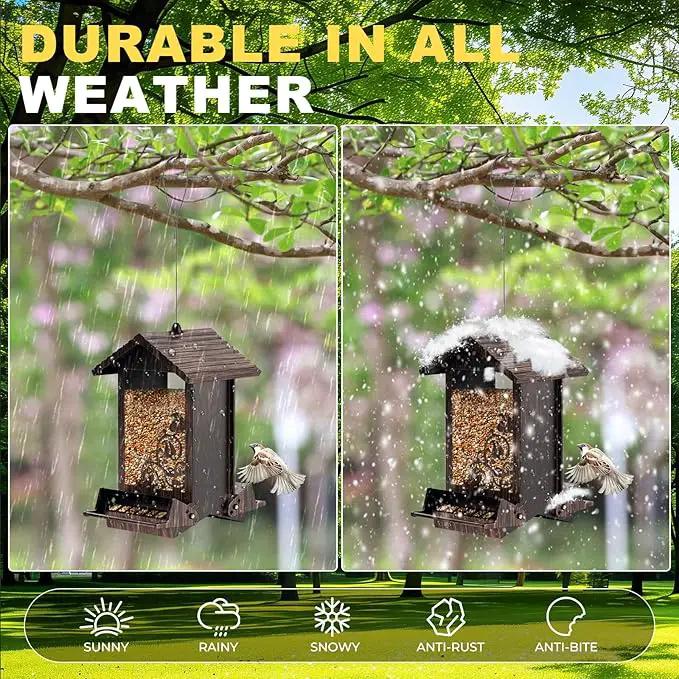 Squirrel Proof Bird Feeder for Outdoor Hanging,Metal Bird Seed Feeder with Bilateral Weight Activated Perches,5LB Large Capacity Wild Bird Feeders for Outside,Easy Refill and Clean,Brown by GreenHaven Gardens