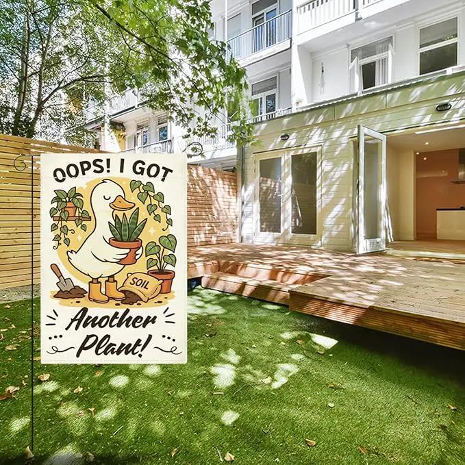 Funny Silly Goose Garden Flag Oops I Got Another Plant Lover Gift Outdoor Decorations Small Double Sided Burlap art Stained Glass Style Garden Flags 12 x 18 Inch for Outside by GreenHaven Gardens