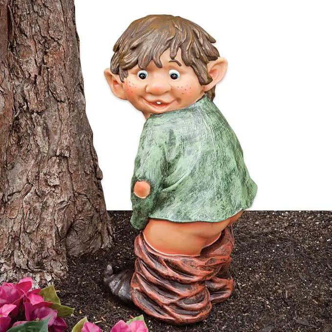 Bits and Pieces - Caught with His Pants Down Garden Statue - Naughty Gnome Yard Art, Funny Elf - Polyresin Statue Measures 13-1/2" High x 5" Wide by GreenHaven Gardens