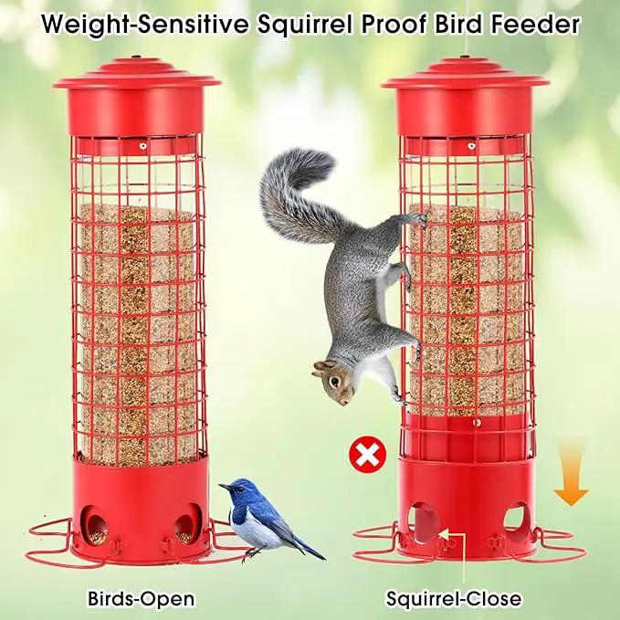 Squirrel Proof Bird Feeder for Outdoors, Weatherproof Metal Feeder, 4.5 lb Large Capacity, Weight-Activated Perches, Hanging Feeder for Cardinals, Finches, Wild Birds, Red by GreenHaven Gardens