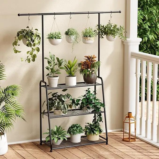 3-Tier Heavy-Duty Metal Plant Stand for Indoor and Outdoor Use, Hanging Plant Shelf for Multiple Flower Planter Holder, Tall Large Rack Ideal for Living Room, Garden, Balcony, Black by GreenHaven Gardens