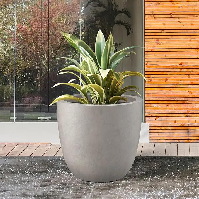 Kante 14 Inch Dia Round Concrete Planter, Indoor Outdoor Large Plant Pot with Drainage Hole and Rubber Plug for Home Patio Garden, Weathered Concrete by GreenHaven Gardens