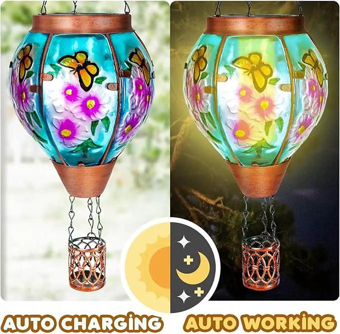 Solar Hot Air Balloon Lantern with Flame， Butterfly Glass Outdoor Solar Lanterns for Outside Hanging Farmhouse Patio Pathway Decor, Butterfly Gifts for Women Grandma Mom by GreenHaven Gardens