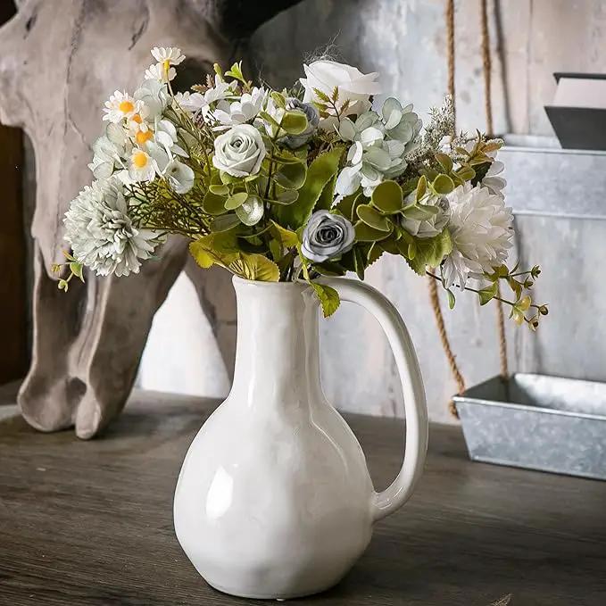 White Ceramic Vase with Big Handles, Modern Farmhouse Decor, Rustic Pottery for Flowers, Decorative Terracotta Centerpiece for Dining Table by GreenHaven Gardens