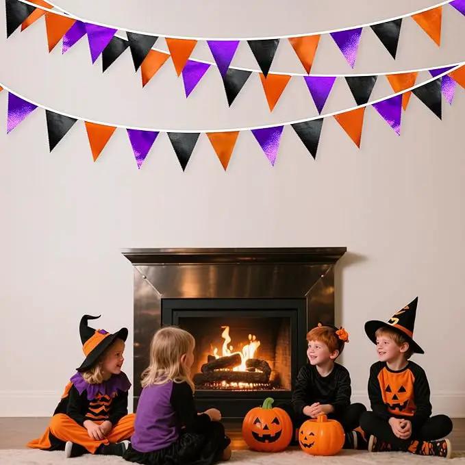 Black Orange Purple Halloween Party Decorations Metallic Fabric Triangle Pennant Banner Flag Bunting Garland for Birthday Baby Shower Bachelorette Trick or Treat Halloween Holiday Party Supplies by GreenHaven Gardens