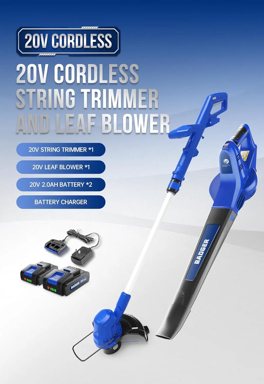 WILD BADGER POWER 20V Weed Wacker & Leaf Blower, Electric with 2 * 2Ah Battery & Charger, String Trimmer, Lightweight, Adjustable Telescopic Shaft, Easy to Use by GreenHaven Gardens