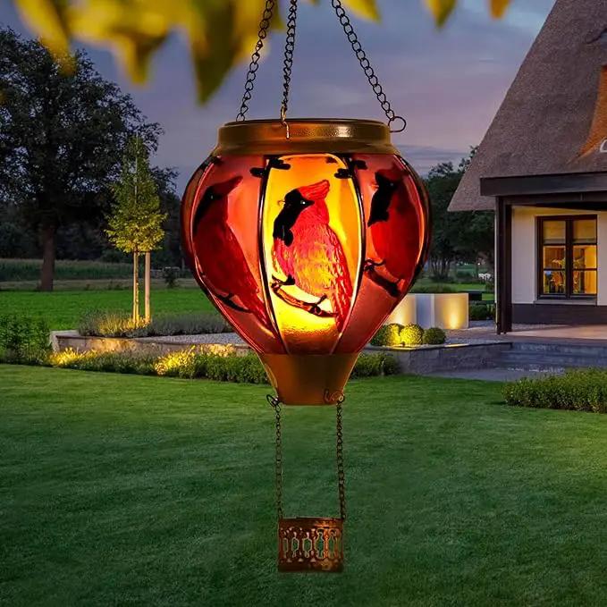 Cardinal Bird Hot Air Balloon Solar Lantern Lights, Solar Hot Air Balloon Flickering Flame Hanging Garden Light Candle LED Glass & Metal Outdoor Waterproof Lanterns Porch Yard Decor, Gift for Mom by GreenHaven Gardens