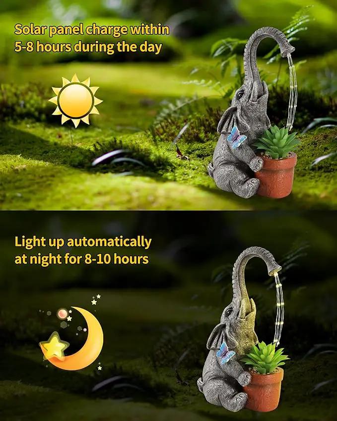 iStatue Solar Elephant Figurine with Succulent Plant Pot - 11'' Hand-Painted Lifelike Resin Lawn Ornaments Statue for Yard Art Garden Decor Gifts (Elephant) by GreenHaven Gardens