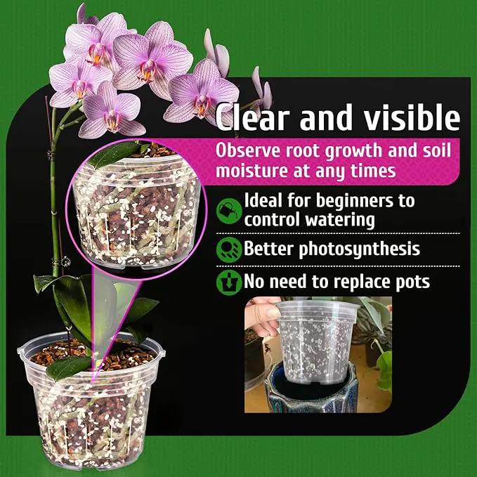 Orchid Pot, 9 Pack Orchid Pots with Holes, 3 Each of 4.8, 5.7 and 6.4 Inch Clear Flower Planter for Repotting, Plastic Slotted Nursery Planters Indoor Outdoor by GreenHaven Gardens