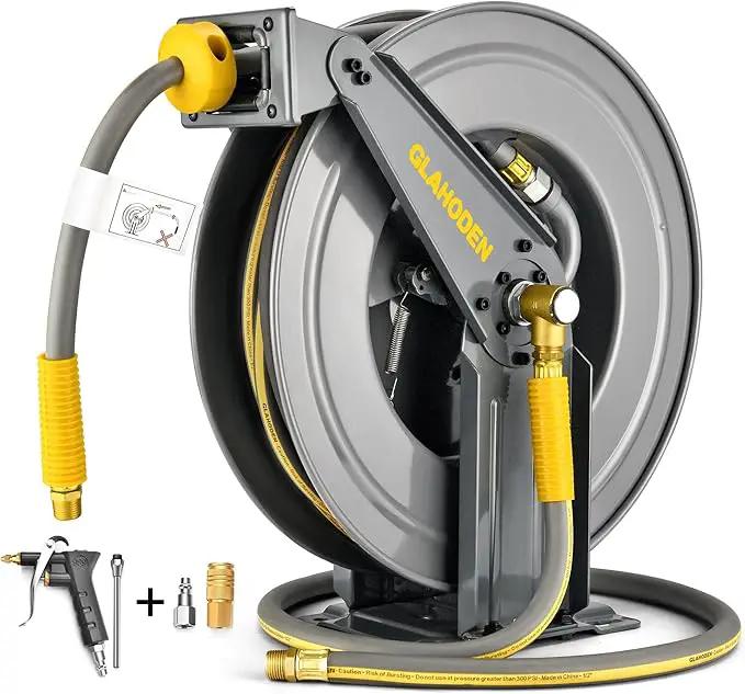 Double Arm Retractable Air Hose Reel, 3/8 in × 80 ft Hybrid Hose Heavy Duty Steel Professional Air Compressor Hose Reel with 5 ft Lead in Max 300PSI Auto Rewind Quick Coupler Swivel Fitting by GreenHaven Gardens