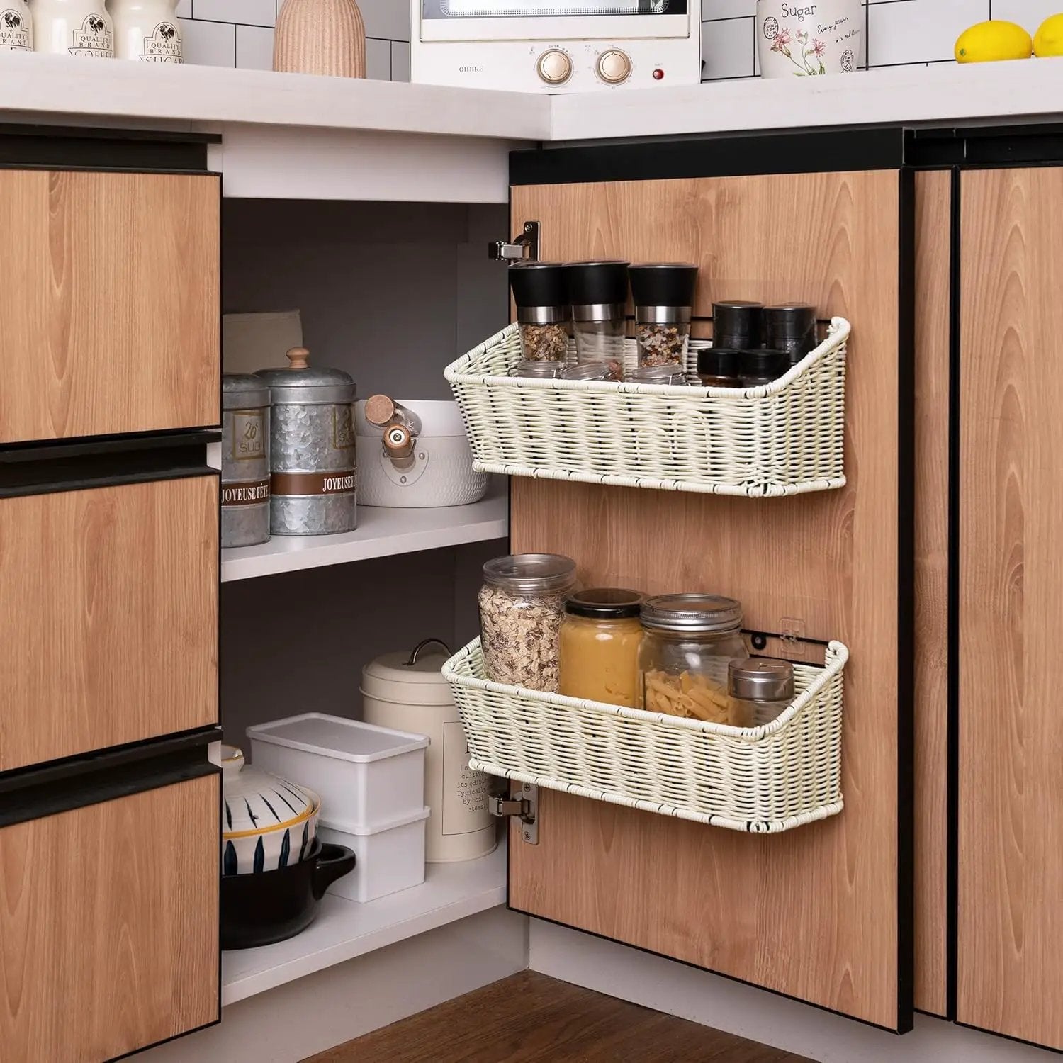 GRANNY SAYS Wicker Hanging Basket, 2 Pack Storage Baskets for Organizing, Adhesive Wall Mount Fruit Basket, Kitchen Organization Hanging Shelves, Storage Cabinet Door Organizer, Off White by GreenHaven Gardens