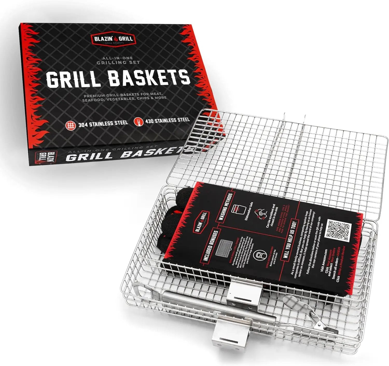 BLAZIN' GRILL Baskets for Outdoor Grill | 2 Grilling Baskets with Detachable Handle | Barbecue Grill Set with BBQ Gloves | Portable Camping Net Rack Perfect for Vegetables, Seafood & Meat by GreenHaven Gardens