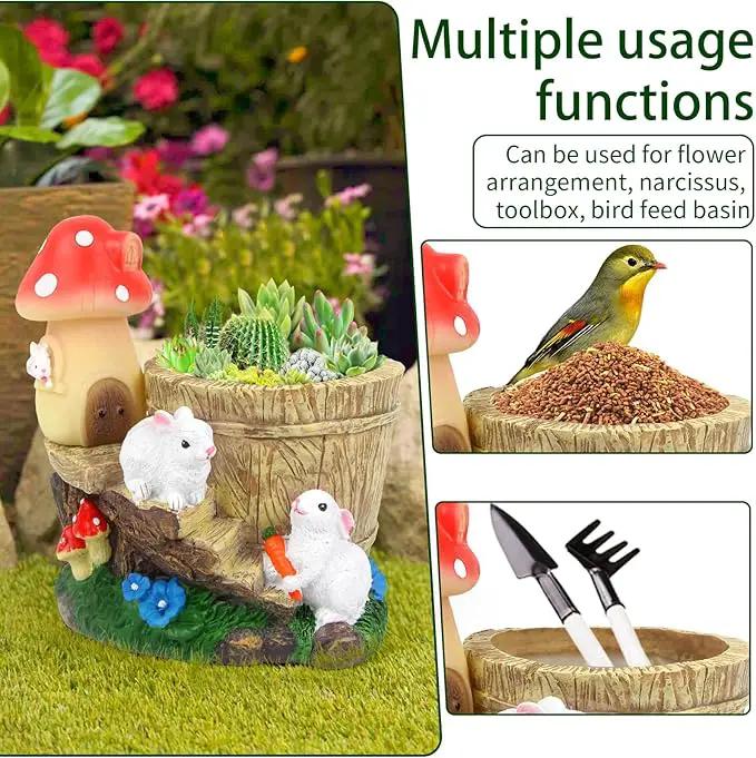 Garden Rabbit Statue,Resin Rabbit Figurine with Solar LED Light,Flower Pots Planters Pots for Succulent,Bunny Statue for Patio Balcony Yard Lawn Decor,Unique Gift for Dad Mom Grandma by GreenHaven Gardens
