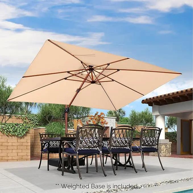 PURPLE LEAF Outdoor Garden Umbrella with Base, Cantilever Umbrellas in Wood Color 9' x 12' / Beige