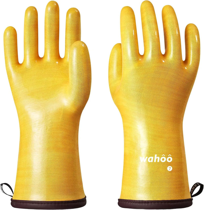 wahoo Professional Liquid Silicone Oven Mitts Gloves, Heat Resistant Gloves for Cooking, Baking, CoralAir Liner, 12 Inch, Yellow, X-Large by GreenHaven Gardens