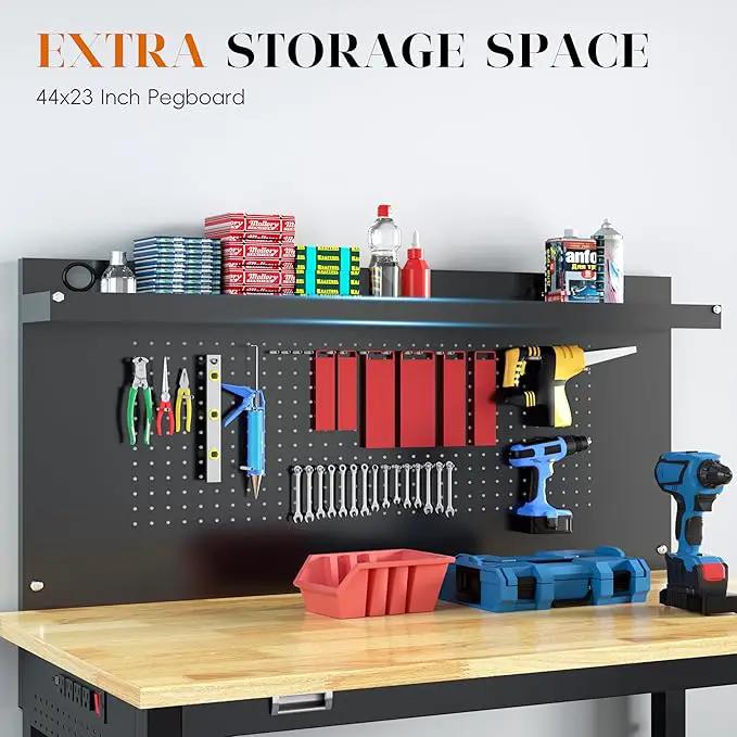 48" Heavy Duty Adjustable Workbench with Large Pegboard, Adjustable Work Table with Power Outlets & Lockable Wheels, Rubber Wood Workstation for Garage, Workshop, Office, Home, Commercial by GreenHaven Gardens