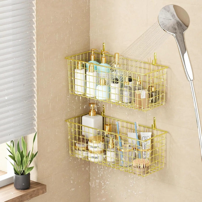 2 Sets Extra Large Hanging Wall Basket, Gold Metal Wire Baskets with Steel Hooks for Organizing, WallmountedFruit Vegetable Toy Snack Storage, Home Kitchen Bathroom Laundry Pantry Organizer by GreenHaven Gardens