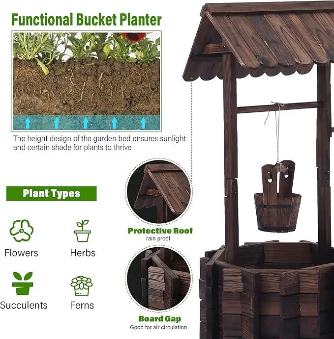 Wooden Wishing Wells for Outdoors with Hanging Bucket, Wishing Well Planters Rustic Style Patio Garden Ornamental, Brown by GreenHaven Gardens