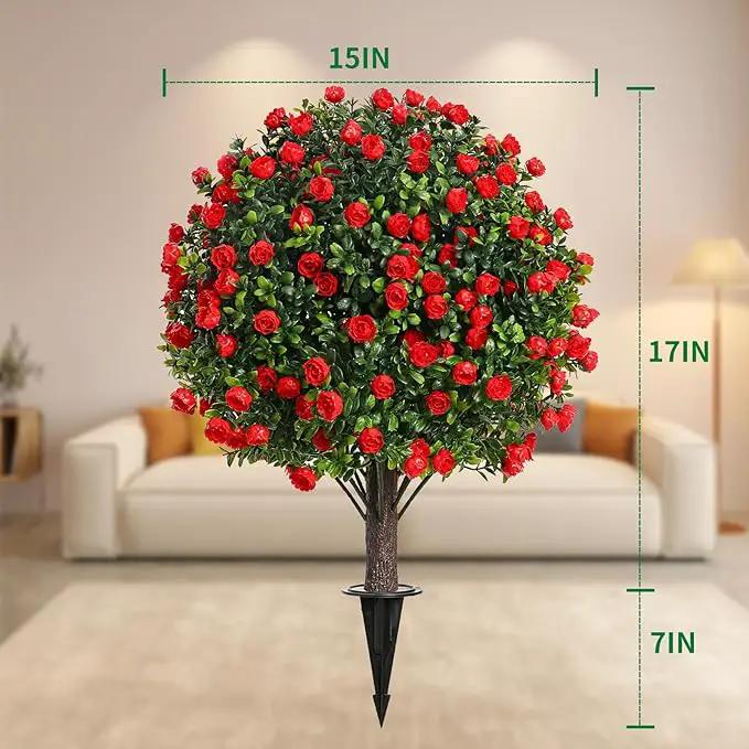 Artificial Rose Topiary Trees, 17 Inch UV-Resistant Red Flowers, Set of 2 with Ground Stakes, Indoor Outdoor Decorative Plants by GreenHaven Gardens