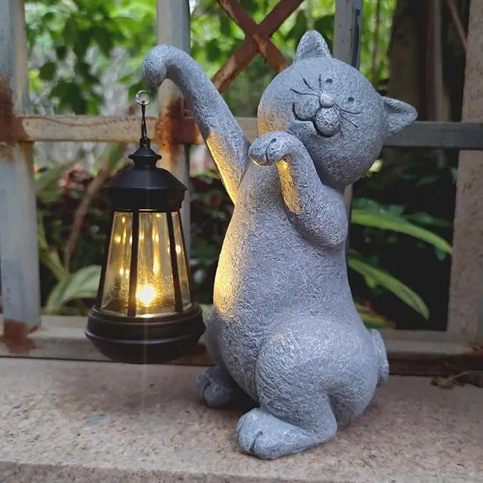 Cat Solar Garden Statues,Resin Cat Figurine Decorations with Solar Lights Lantern, Outdoor，Statue Decor Art for Lawn,Yard,Unique Housewarming Gift for Garden Home by GreenHaven Gardens