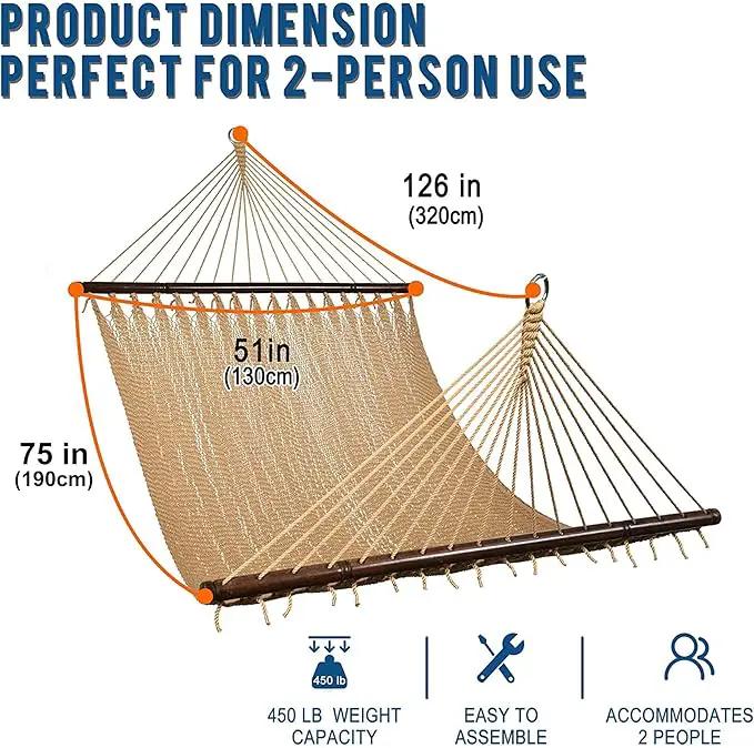 Lazy Daze Hammocks 10.5 FT Double 2 Person Caribbean Rope Hammock, Hand Woven Polyester Hammock with Spreader Bars, for Outside Outdoor Backyard Patio Poolside,450 LBS Capacity, Tan by GreenHaven Gardens