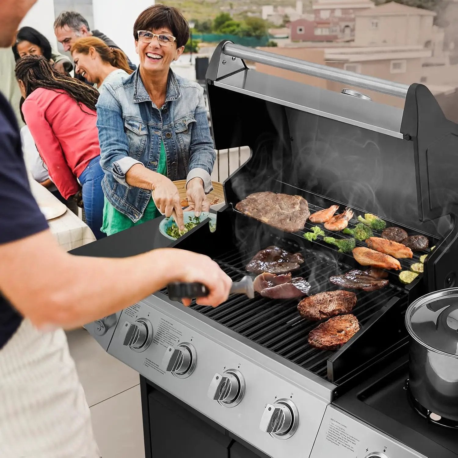4 Burners Gas Grill with Side Burner, Propane Grill with Wheels and Storage, Outdoor Gas BBQ with Oil Tray and Thermometer for Patio and Party, 49200 BTU by GreenHaven Gardens
