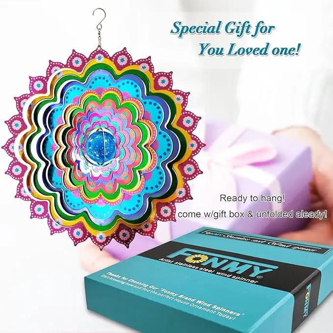 FONMY Mandala Wind Spinner w/Crystal Ball Peacock- 3D Stainless Steel Hanging Spinners Worth Gift Christmas Decoration Indoor/Outdoor Garden Décor Kinetic Yard Art 12 Inches Wind Sculpture by GreenHaven Gardens