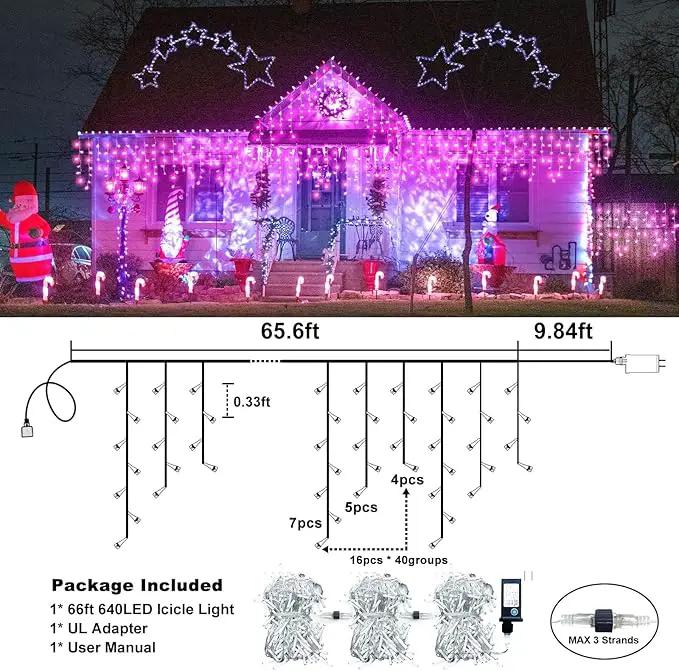 Christmas Icicle Lights Outdoor, 66Ft 640 LED Icicle Lights for Outside with 8 Modes Timers, Waterproof Plug in Twinkle String Light for House Yard Eave Patio Party Holiday Decorations, Pink by GreenHaven Gardens